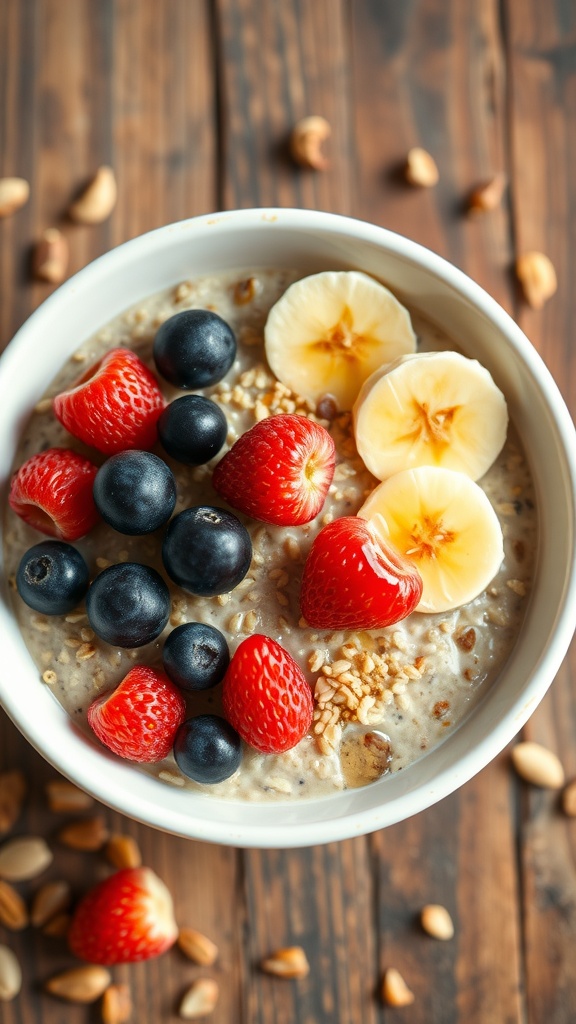 A bowl of quinoa overnight oats with berries and banana, garnished with nuts on a wooden table.